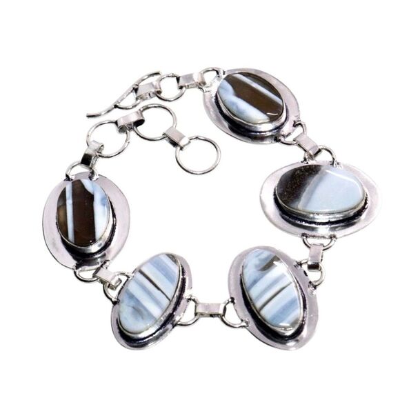 Owyhee Blue Opal Bracelet Adjustable Silver Link Design with Sky Hued Gemstones - Picture 1 of 10